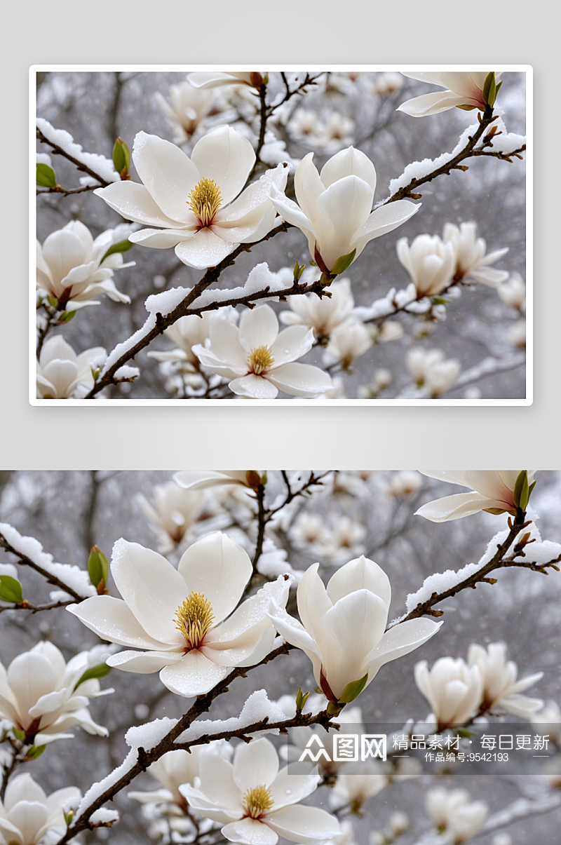 春雪玉兰花开图片素材