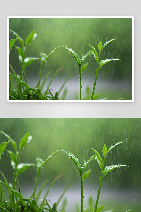春天雨中带雨珠茁壮成长绿色植物嫩芽图片