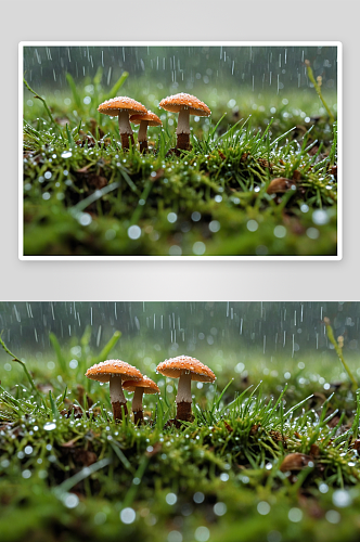 春天雨露中小蘑菇图片
