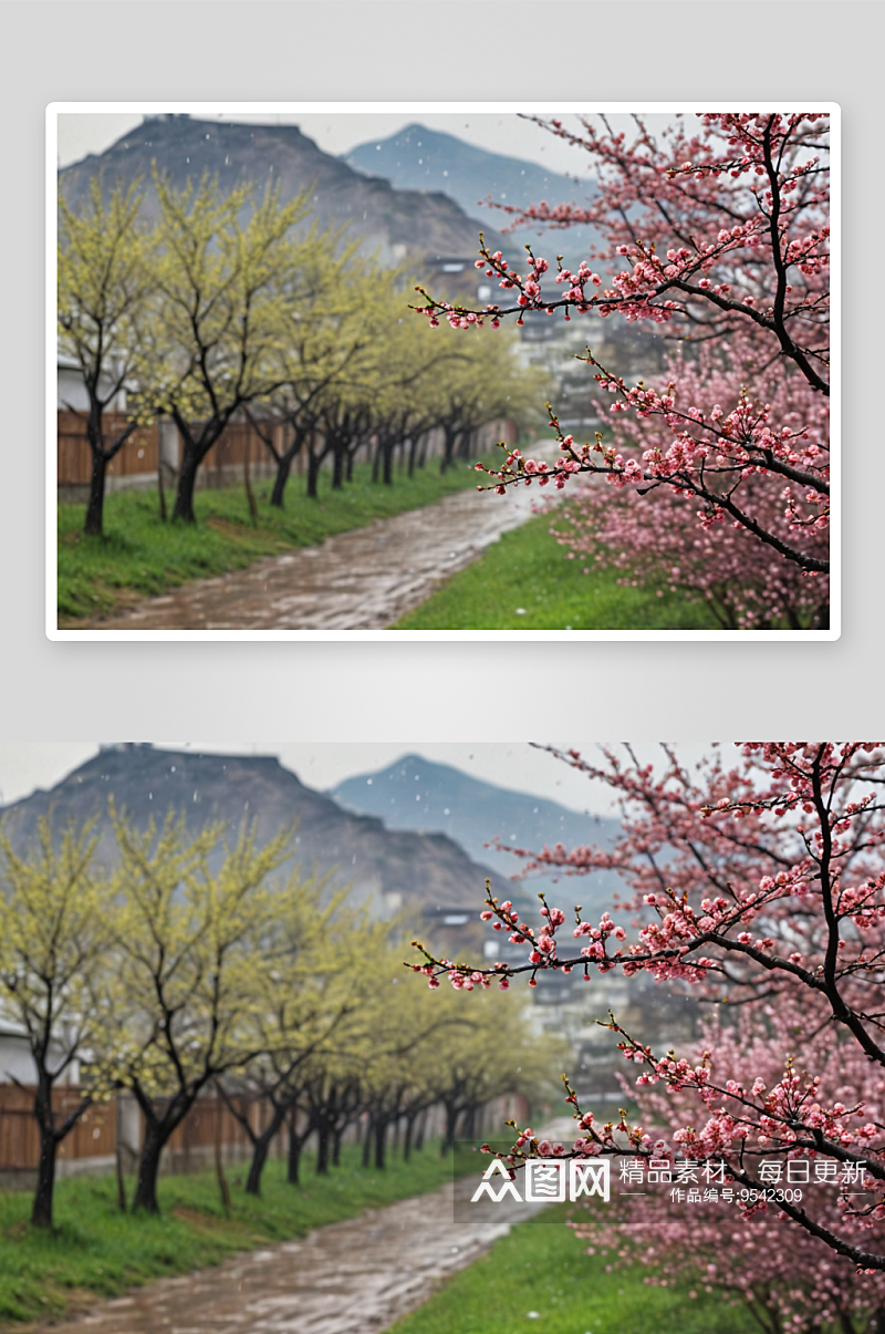 春天雨后小里盛开榆叶梅图片素材