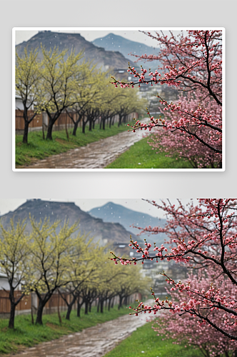 春天雨后小里盛开榆叶梅图片