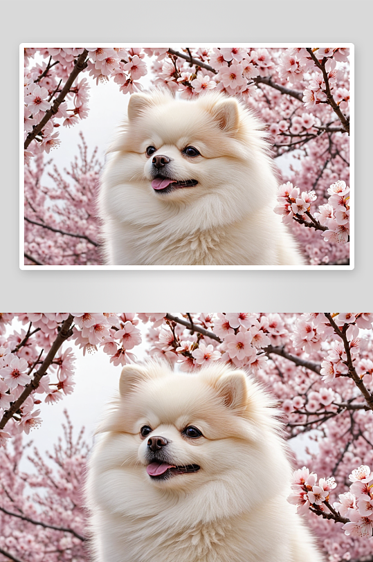 春天樱花桃花梅花宠物狗白色博美犬图片