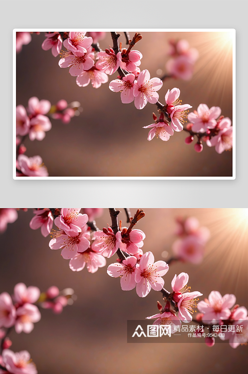 春天粉红色梅花逆光温暖光晕下温馨背景图片素材