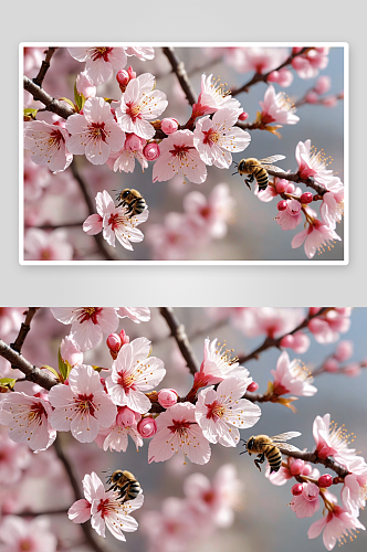 春季桃花杏花樱花开蜜蜂花蕊图片