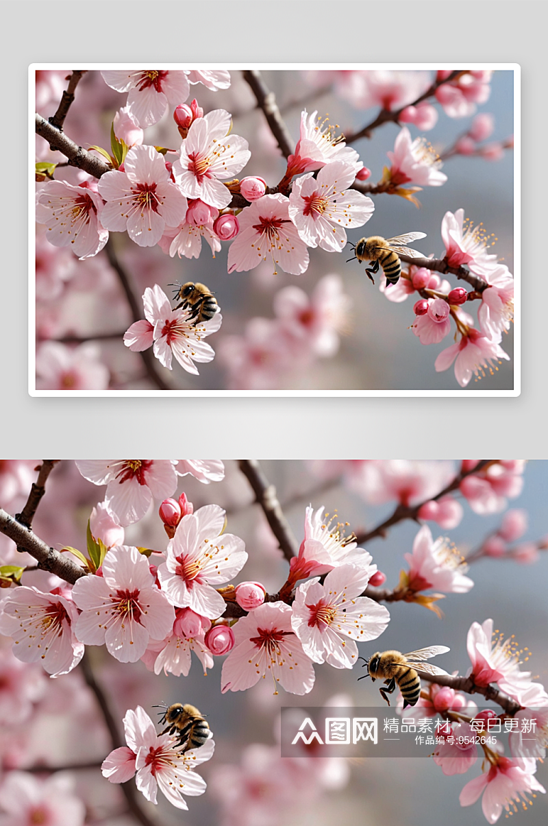 春季桃花杏花樱花开蜜蜂花蕊图片素材