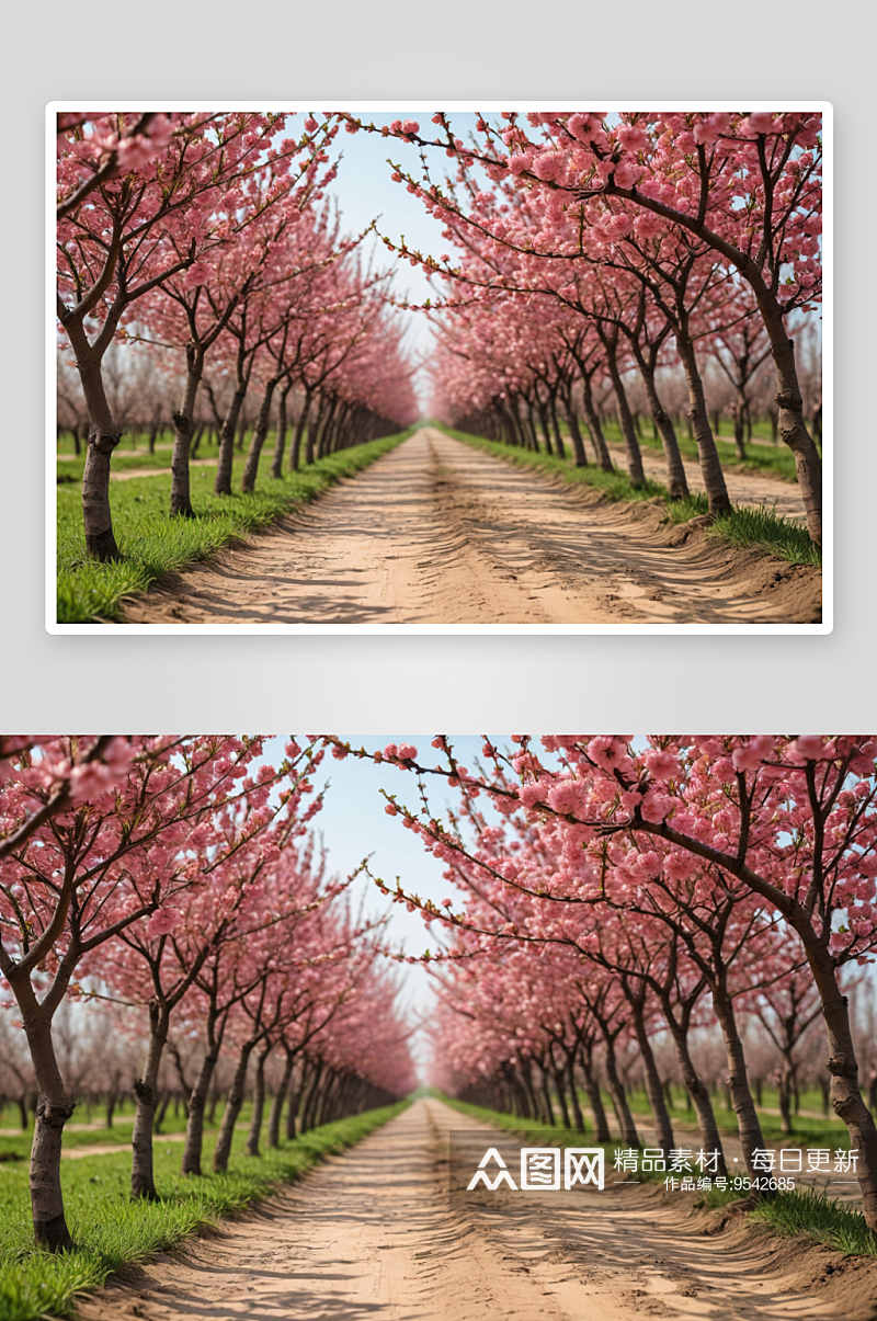 春季美丽乡村桃花园低视角风光图片素材