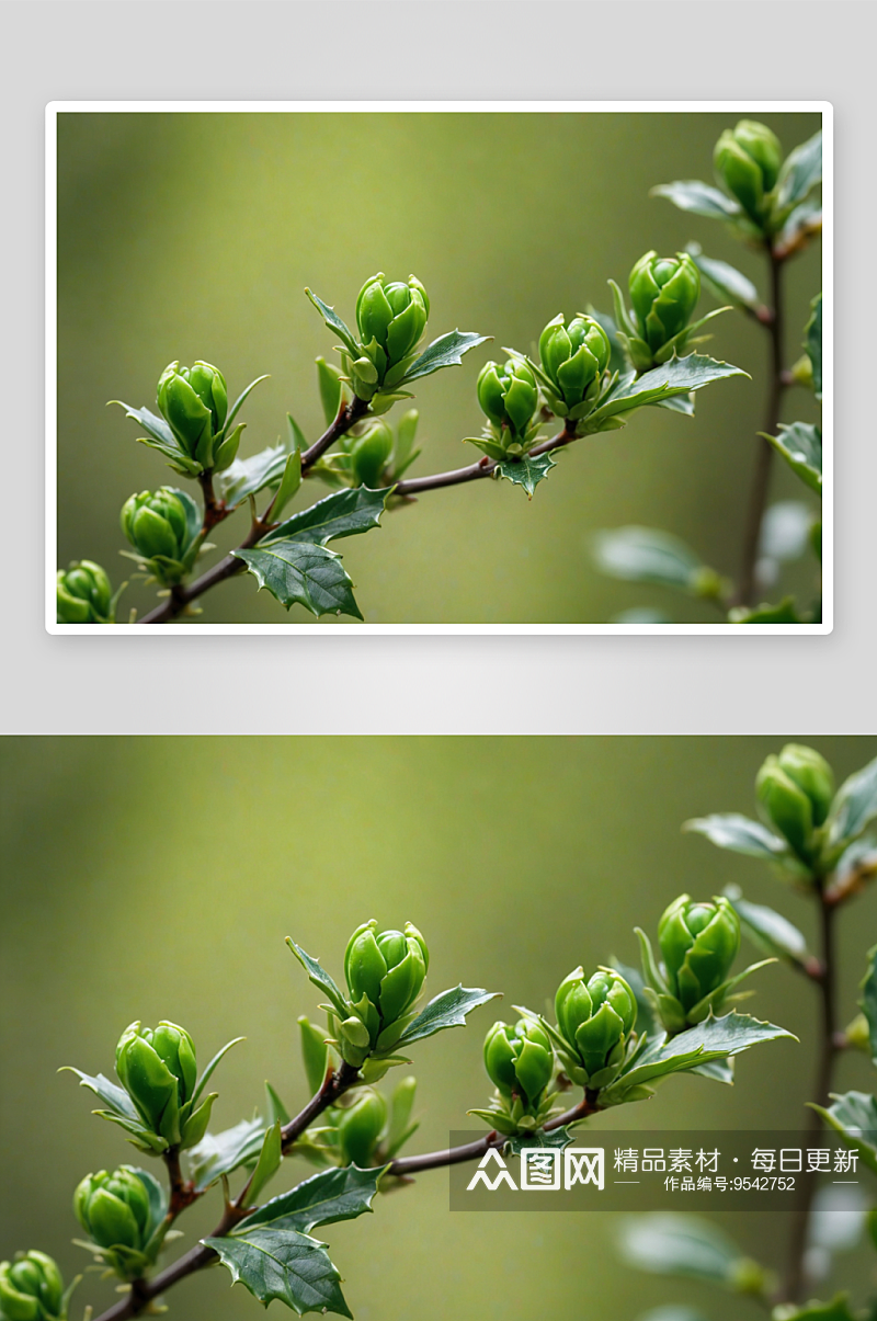 春季发芽冬青绿色嫩芽大光圈虚化特写图片素材