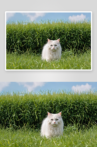 草丛里翘首盼乳白长毛猫肖像图片