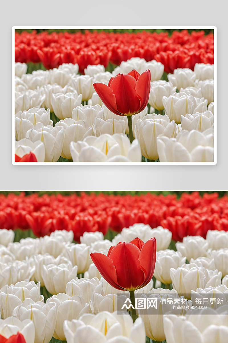 白色郁金香花丛里红色郁金香花特写图片素材