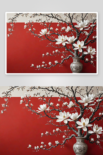 白色玉兰花花影印红色宫墙图片