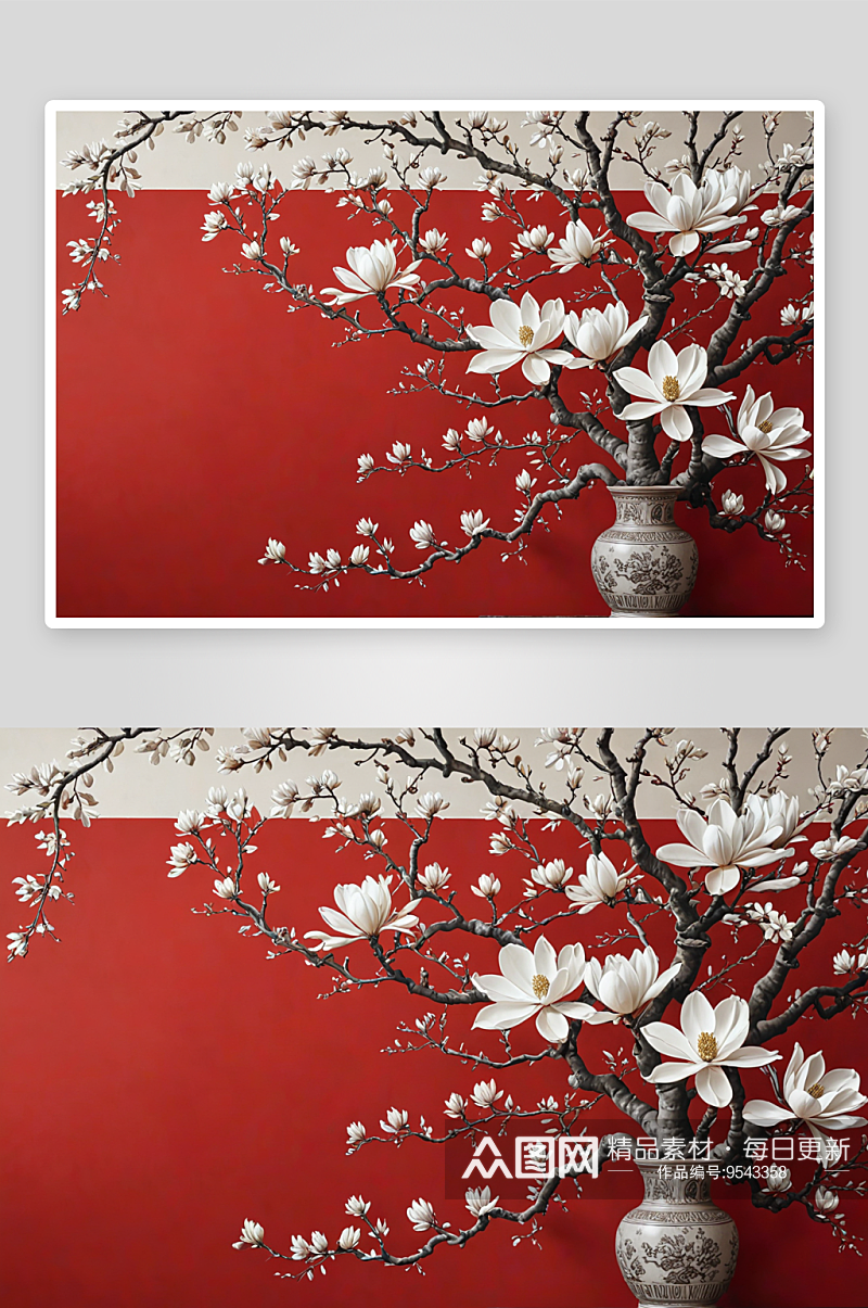 白色玉兰花花影印红色宫墙图片素材