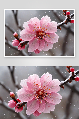 梅花傲雪一朵迎雪盛开粉色梅花图片
