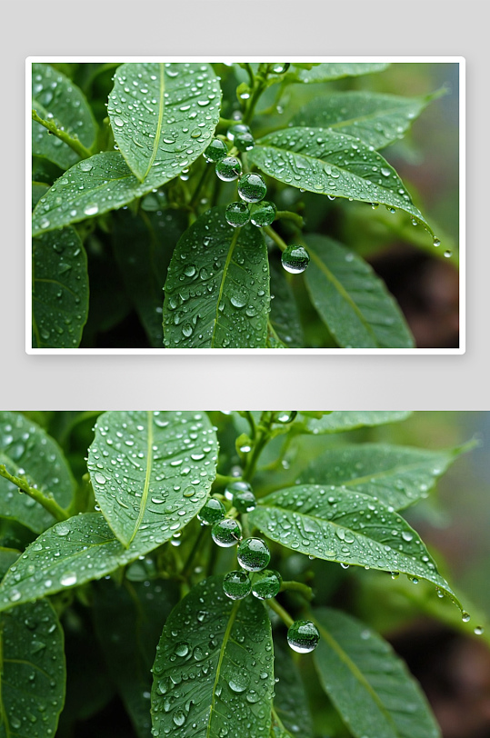 绿色植物叶面雨珠图片