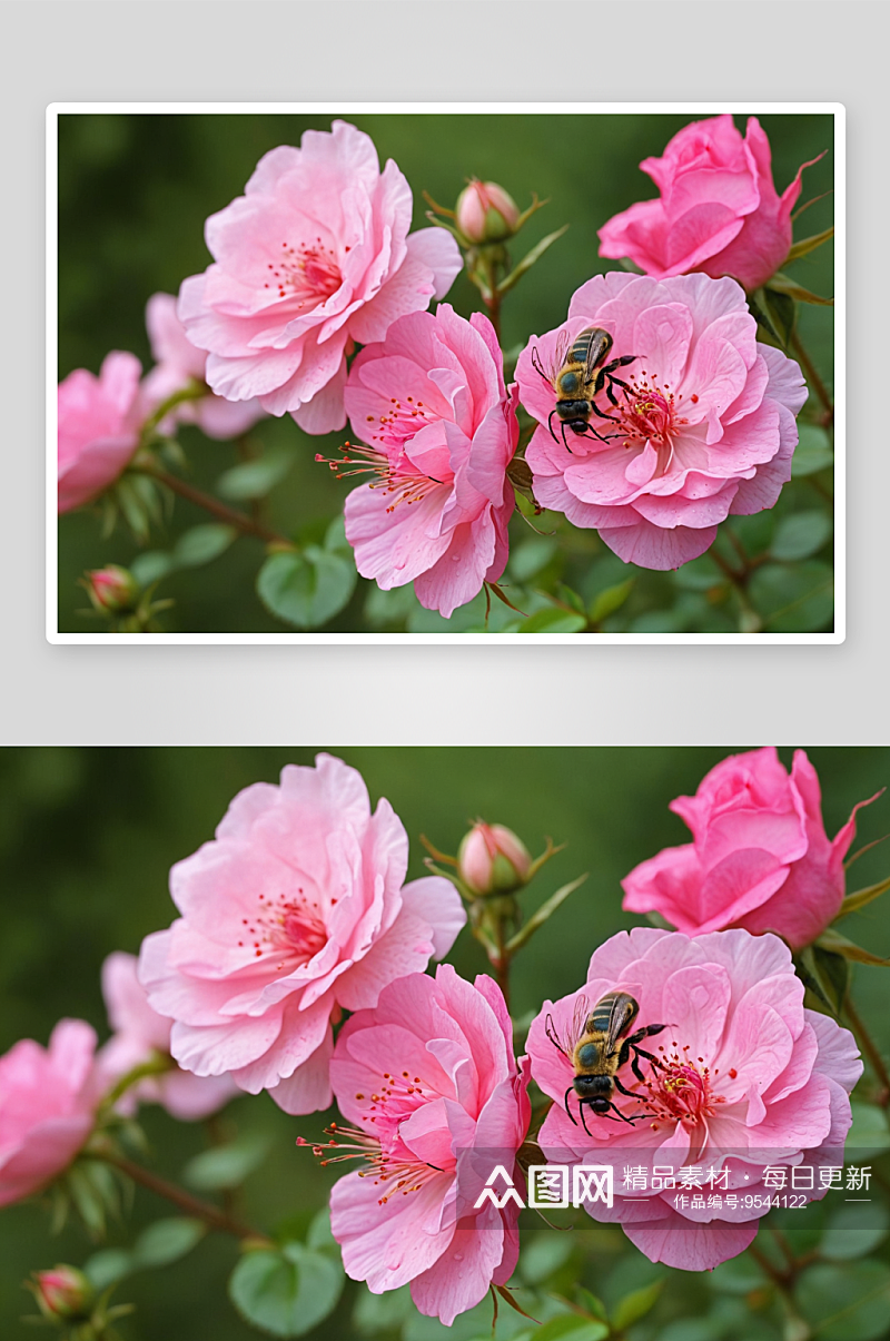 绿色背景粉红色蔷薇花蜜蜂图片素材