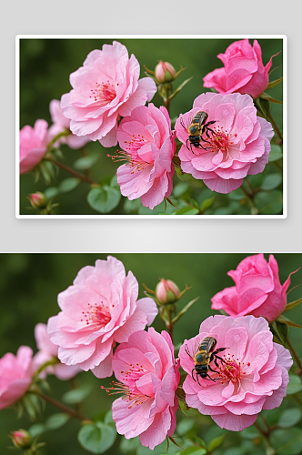 绿色背景粉红色蔷薇花蜜蜂图片