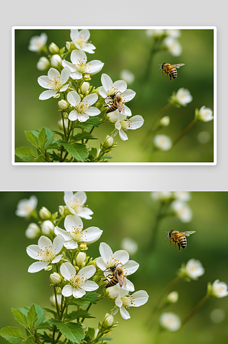 绿色背景白色花朵采蜜蜜蜂图片