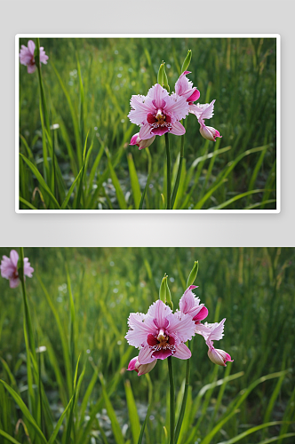 绿草丛中粉红色葱兰花图片