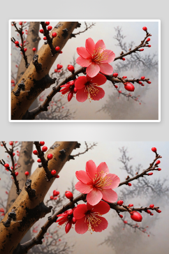 两朵盛开红色梅花图片