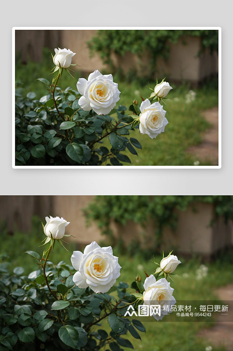 两朵白色蔷薇花正绽放图片素材