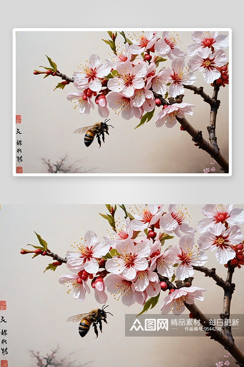 李花丛中采花蜜蜜蜂图片素材