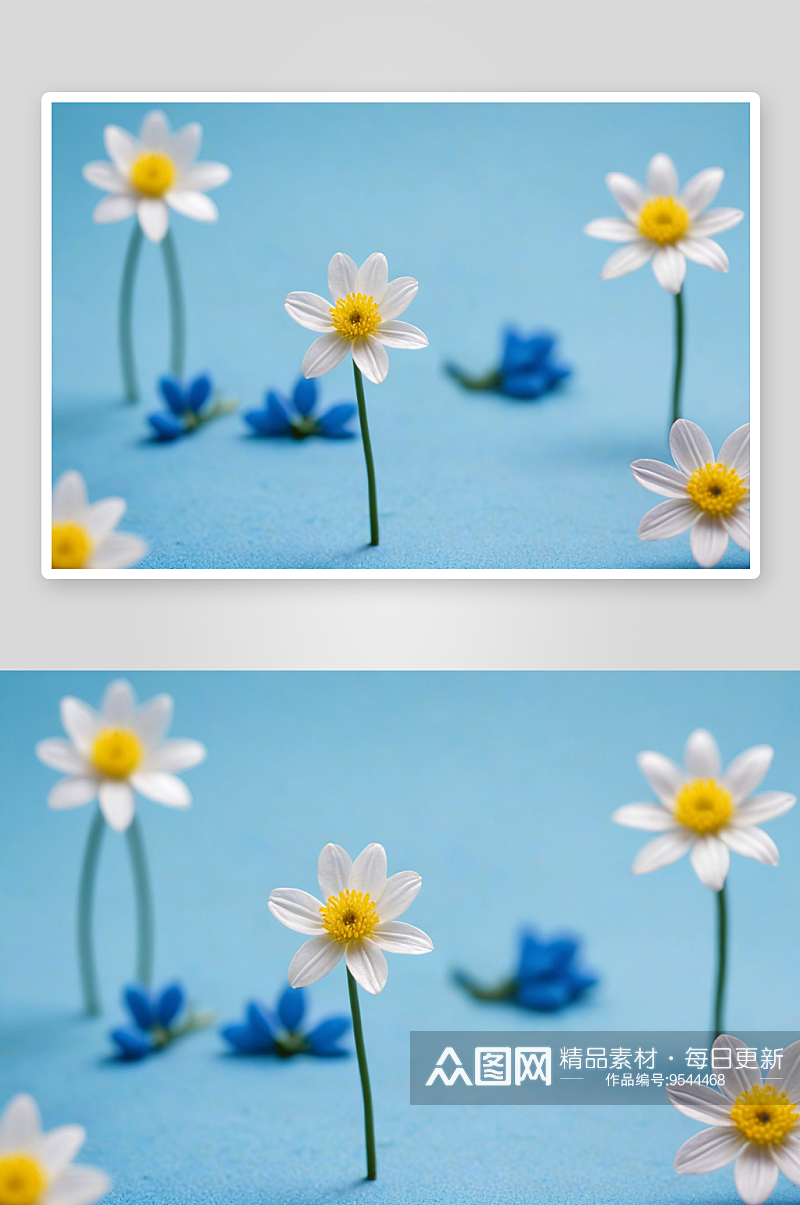 蓝色背景微缩景观春天给花拍照摄影师图片素材