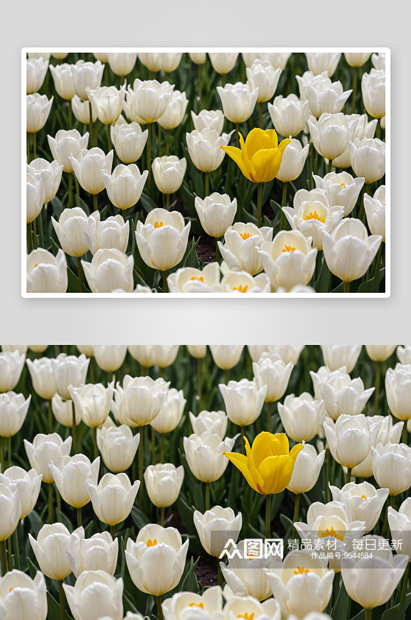 洁白郁金香花丛中有一朵黄色郁金香图片素材