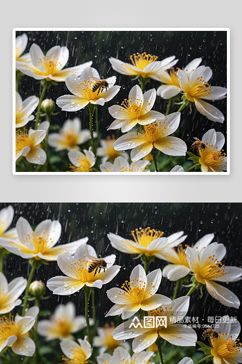 花香引蜂来雨图片素材