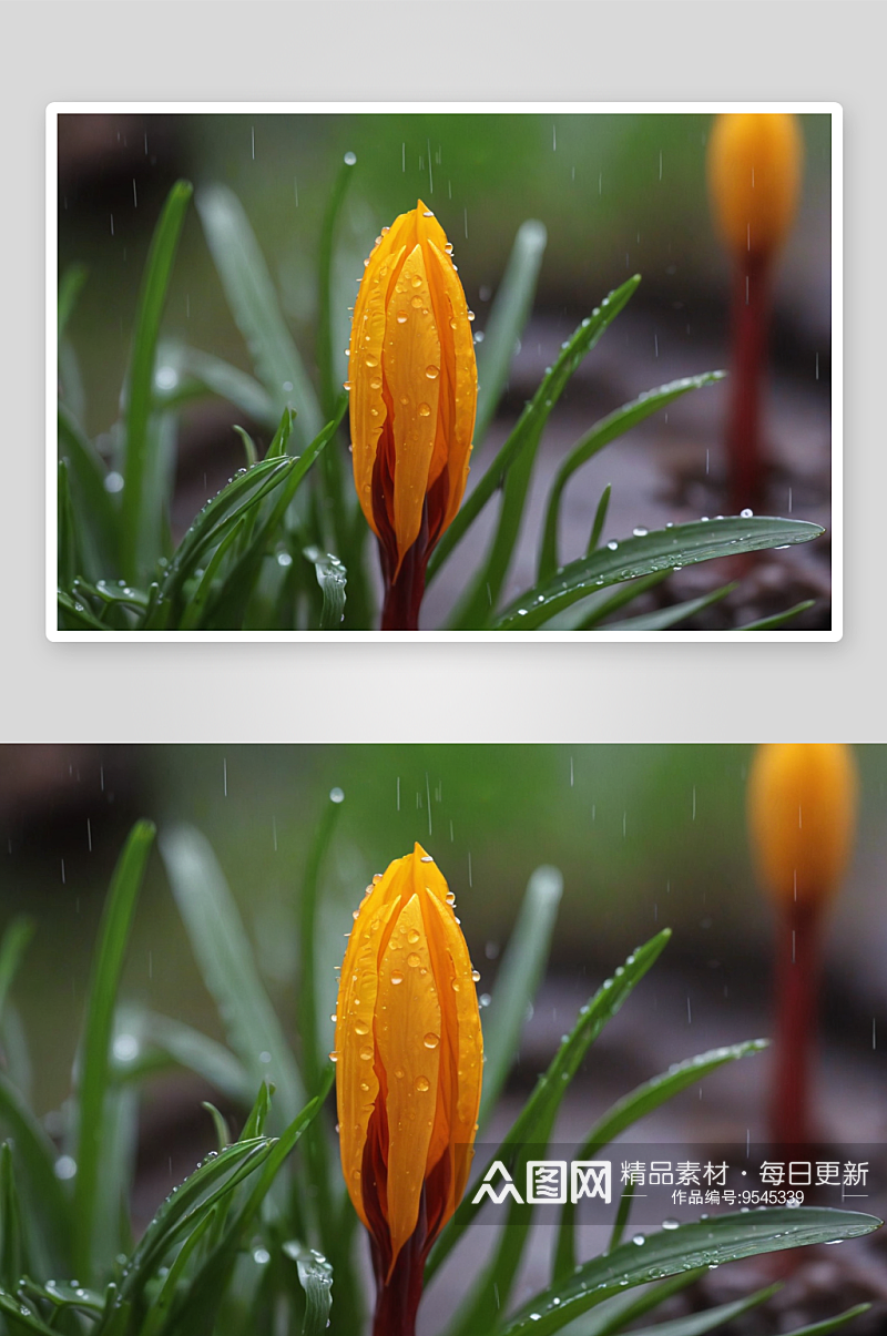 春雨中待放藏红花图片素材