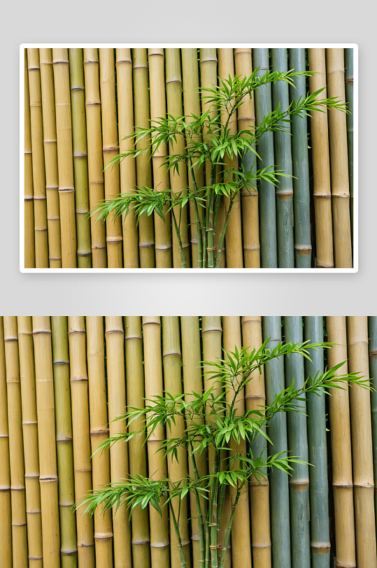 竹栅栏前生长绿色植物图片