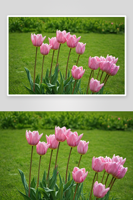 植物园内绿草地一丛粉色郁金香图片
