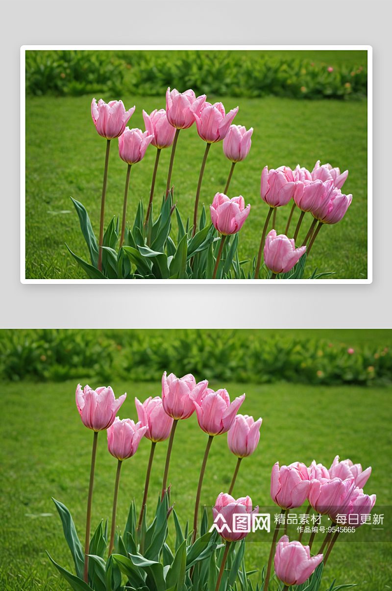 植物园内绿草地一丛粉色郁金香图片素材