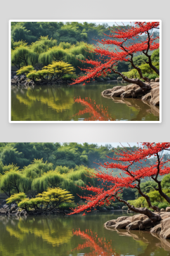 植物园湖边一株红色梅花图片