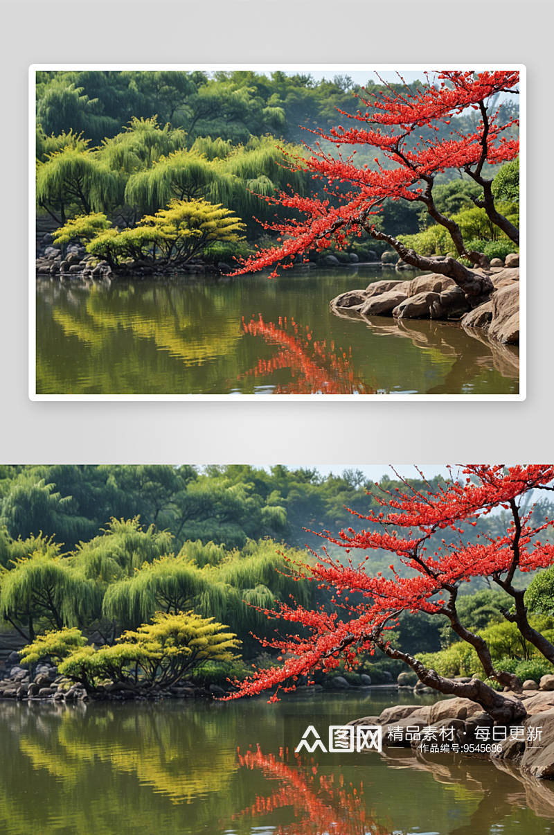 植物园湖边一株红色梅花图片素材