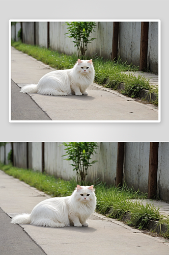 站路边乳白长毛猫图片