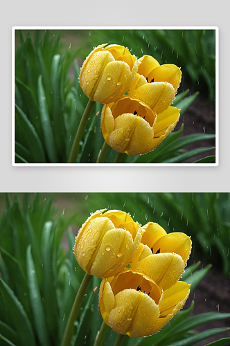 雨后黄色郁金香依偎图片