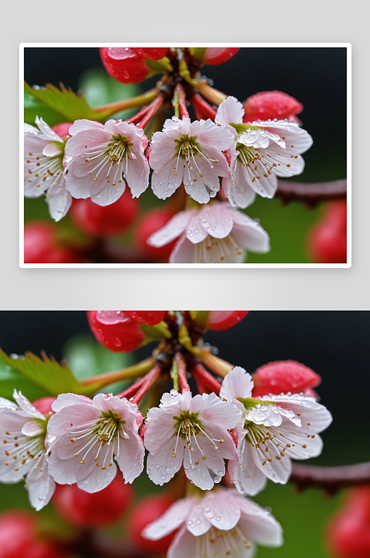樱花微距春天春分红色绿色开花雨季图片