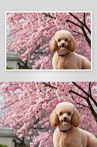 樱花树下贵宾犬图片