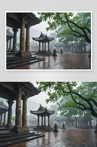 下雨天树叶古建筑背景图片