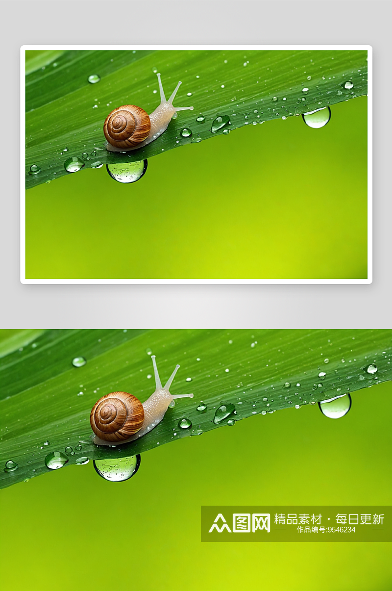 蜗牛绿叶水滴清新自然美图片素材