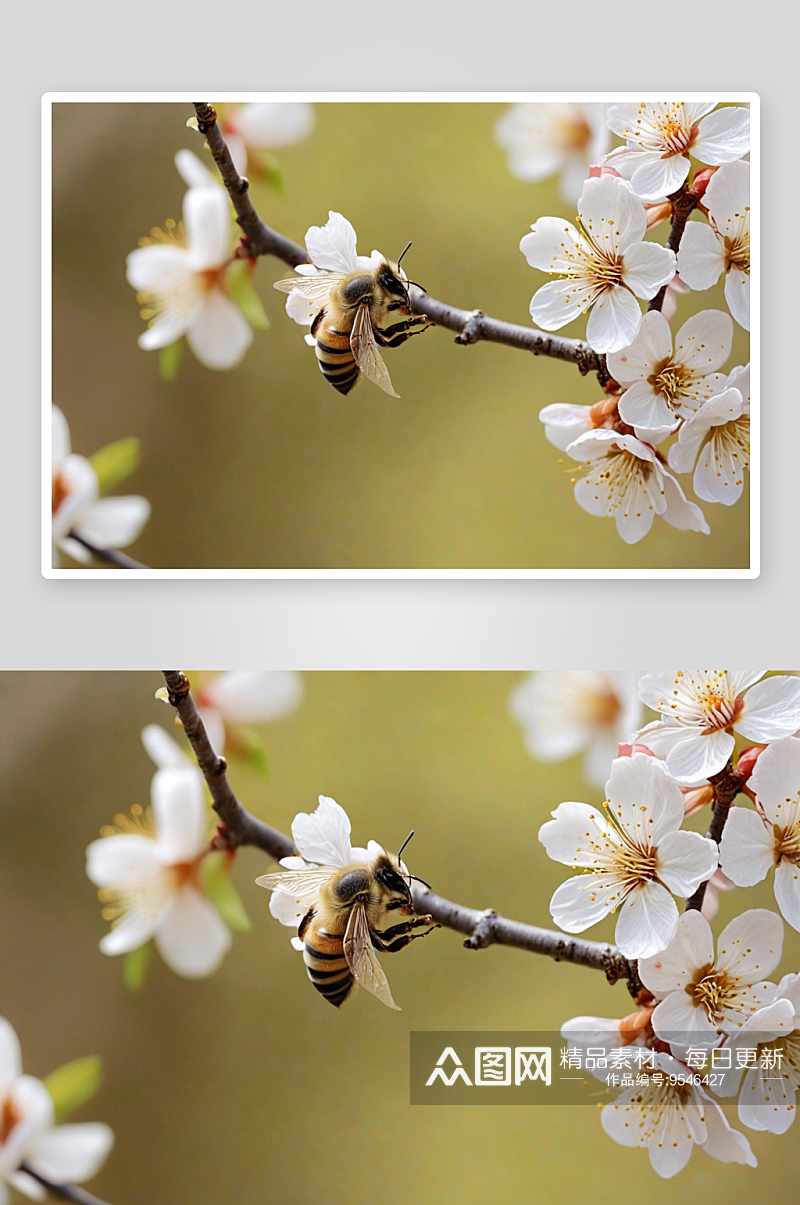 盛开白色梅花停着一只蜜蜂图片素材