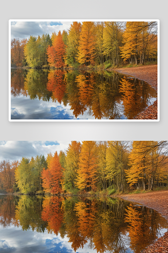 秋天公园里水面倒影及树林颜色图片
