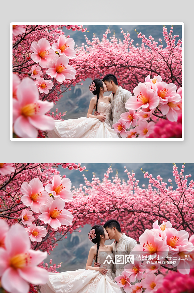 情人节七夕节花丛中亲吻情侣婚礼订婚图片素材