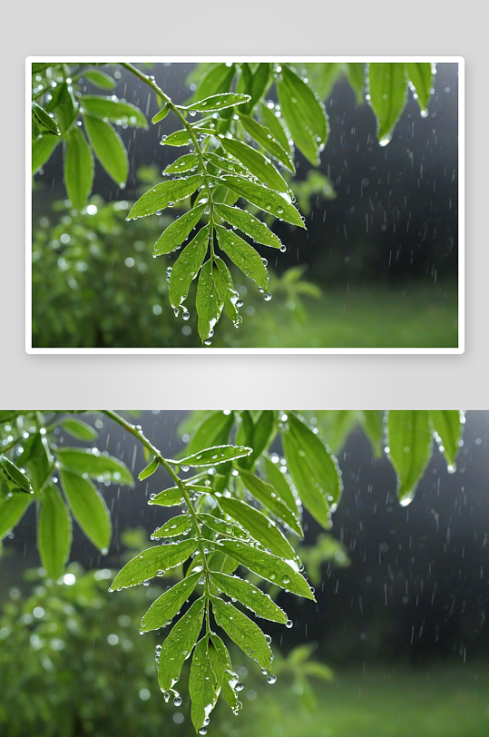 雨后沾满露水槐树叶子图片