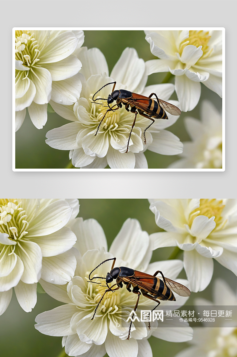 一只长角昆虫站白色花头图片素材