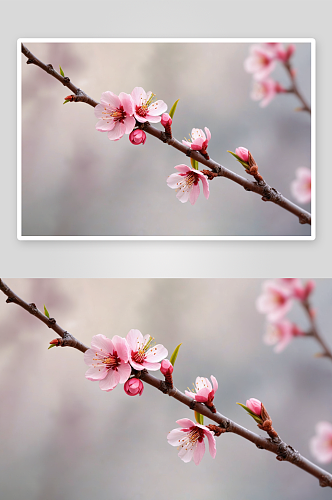 一枝桃花花枝特写虚化背景图片