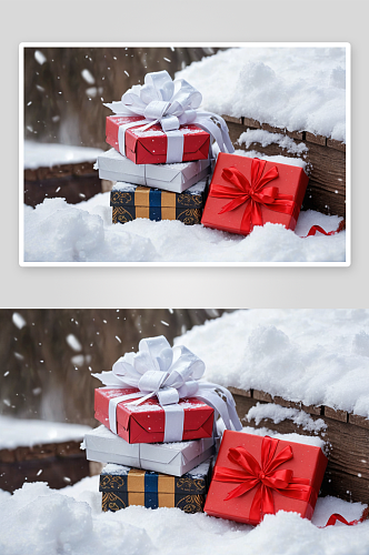 一堆放雪地里礼物图片
