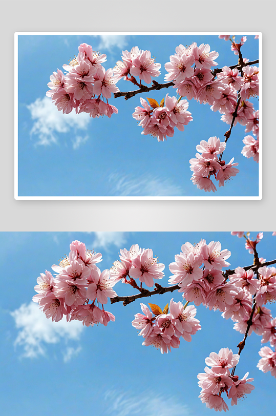 一簇绽放樱花蓝色天空图片