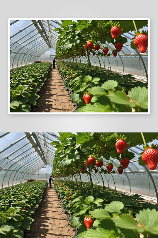 阳光大棚里草莓园采摘图片