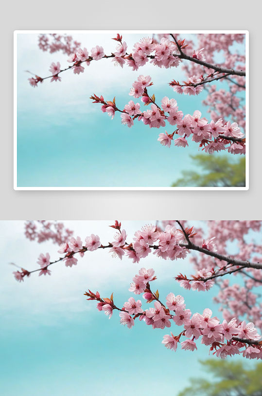 前景对焦粉色樱花淡青色天空背景图片