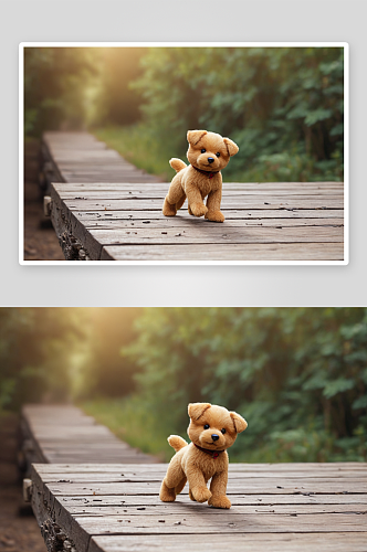 一只栈道玩耍泰迪犬图片